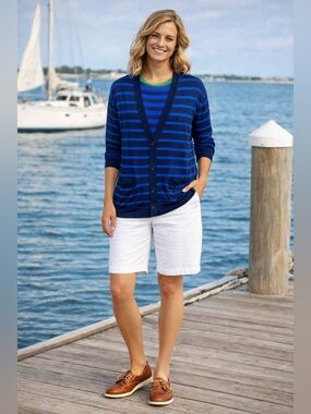 PEARL by‎ Lela Rose Navy Nautical Striped V Neck Button Up Sweater Size Small